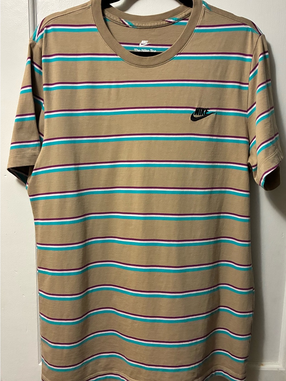 Nike Tan Short-Sleeve Tee with Teal and Purple Stripes
